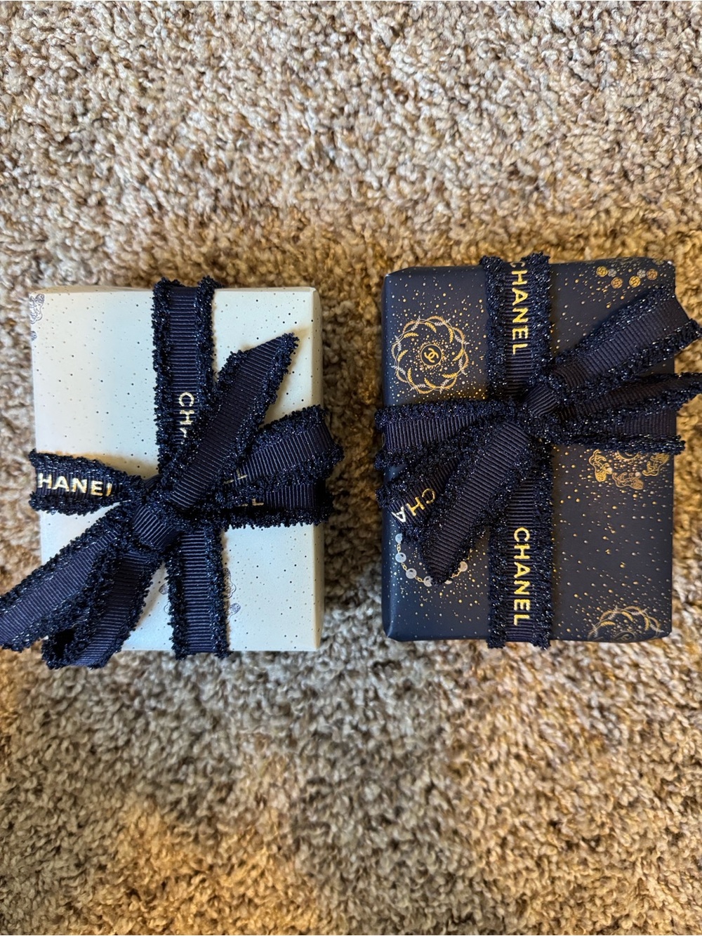 CHANEL Navy Ribbon Gift Boxes in Ivory and Navy